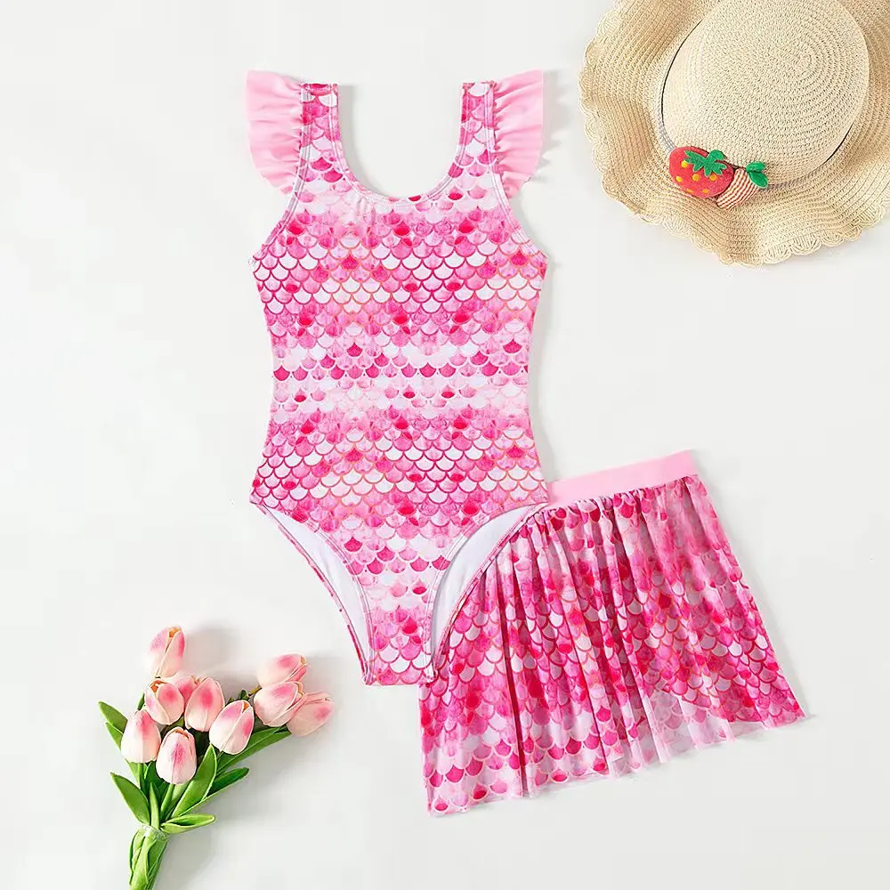 One Piece Swimsuit Girls One Piece Swimsuit with Beach Skirt Mermaid Print Kids Summer Swimwear