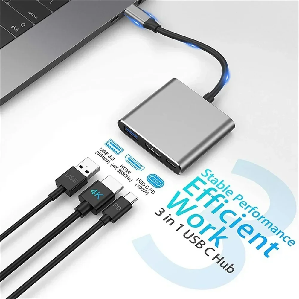 USB C Hub 3 in 1 Type C Adapter with 4K HDMI VGA USB 3.0 PD Fast Charge Splitter for MacBook Laptop Computer