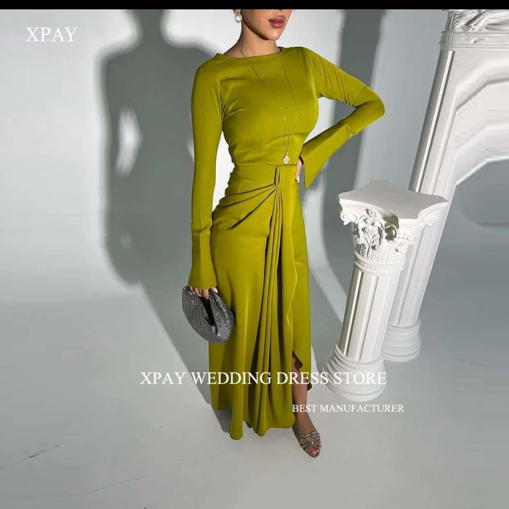 

XPAY Modest Dubai Arabic Women Army Green Evening Dresses Long Sleeves Jewel Neck Formal Occasion Prom Gowns Event Vestidos