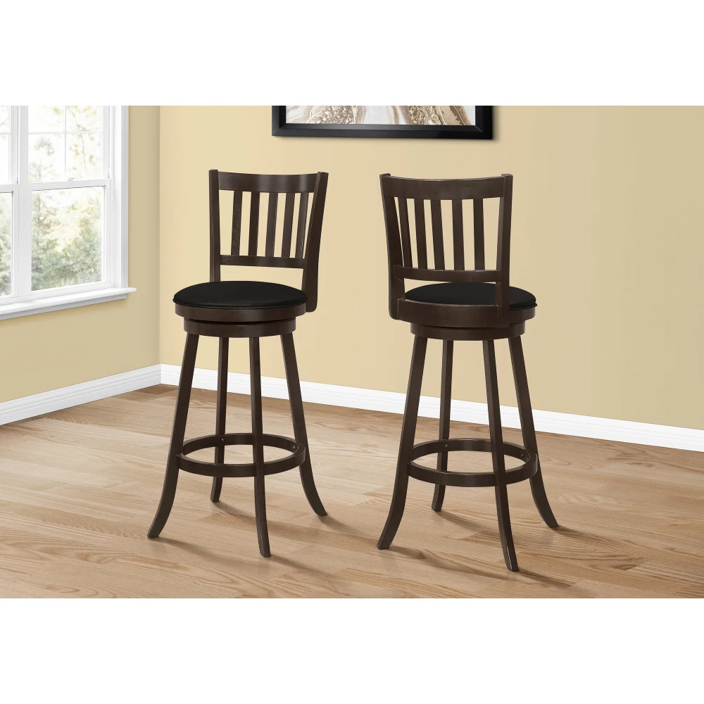 Bar Stool, Set Of 2, Swivel, Bar Height, Brown Wood, Black Leather Look, Transitional 4