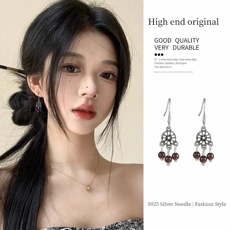 

Vintage Ethnic Style Garnet Earrings New Chinese Style Pendant Earclips Without Ear Holes Women's Advanced Earrings Gift