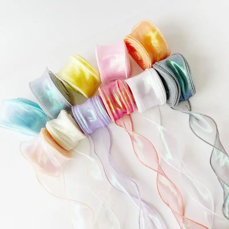 Organza Ribbon 10 Yards Iridescent Fishtail Yarn Flowers Bouquet Packaging Wired Christmas Wedding Decor Gift Wrapping