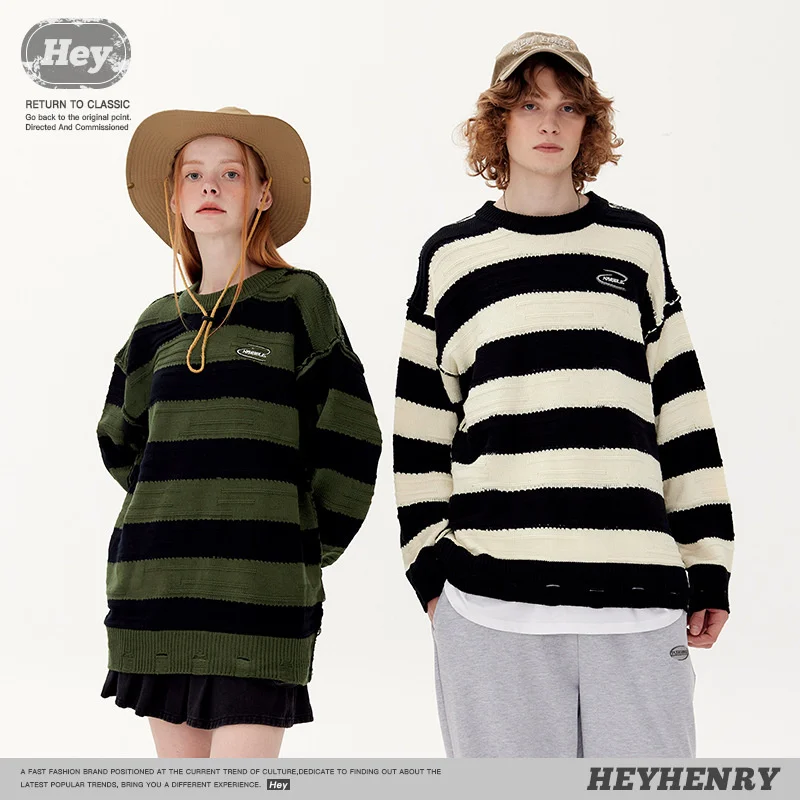 

Couple Clothing Autumn And Winter Striped Sweater Crew Neck Stripe Korean Version Harajuku Style Oversize Sweater Couple T-Shirt