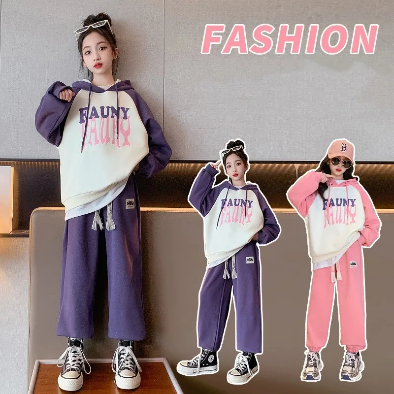 

Girls Sweet Contrast Alphabet Hooded Sweatshirt+Drawstring Sweatpant Sets School Kids Tracksuit Child Jogging Outfit 5-16 Years