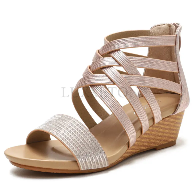

Summer Sandals For Women Dressy Wedge Strap Sandals Boho Shoes Open Toe Elastic Strap Sandals Elegant Woman Heeled Shoes