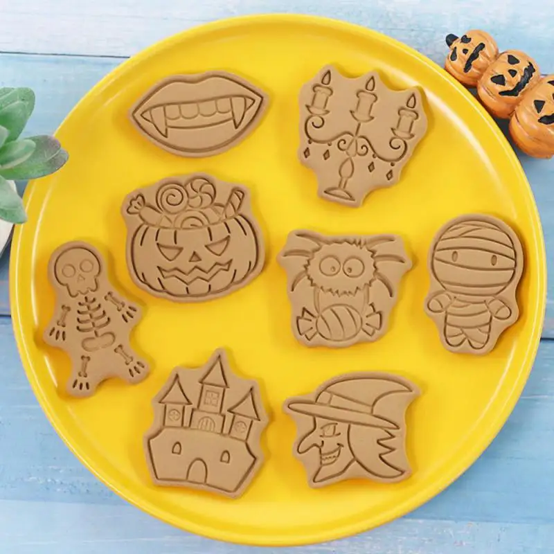 Cookie Cutters Set Cartoon Owl Castle Pumpkin Witch Vampire Skull Pressable Stamp Biscuit Mold Halloween Decoration