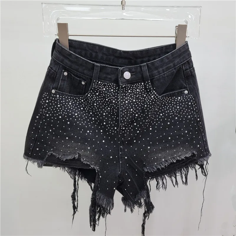 French Heavy Ripped Denim Shorts Women 2024 Summer New Fashion High Waist Slimming Color Rhinestone Hot Girl Wide Leg Hot Pants