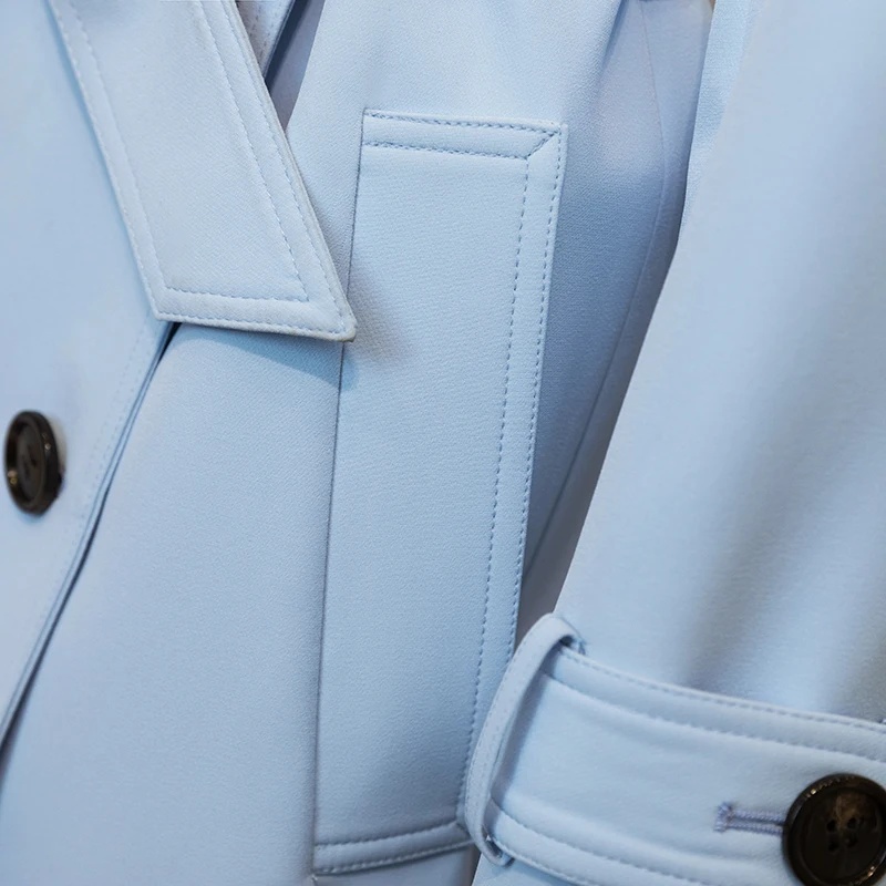 Classic Simple Elegant Trench Coat Women's Mid-Length Double Breasted 2023 Spring New Sky Blue Windbreaker Top Overcoat Outwear