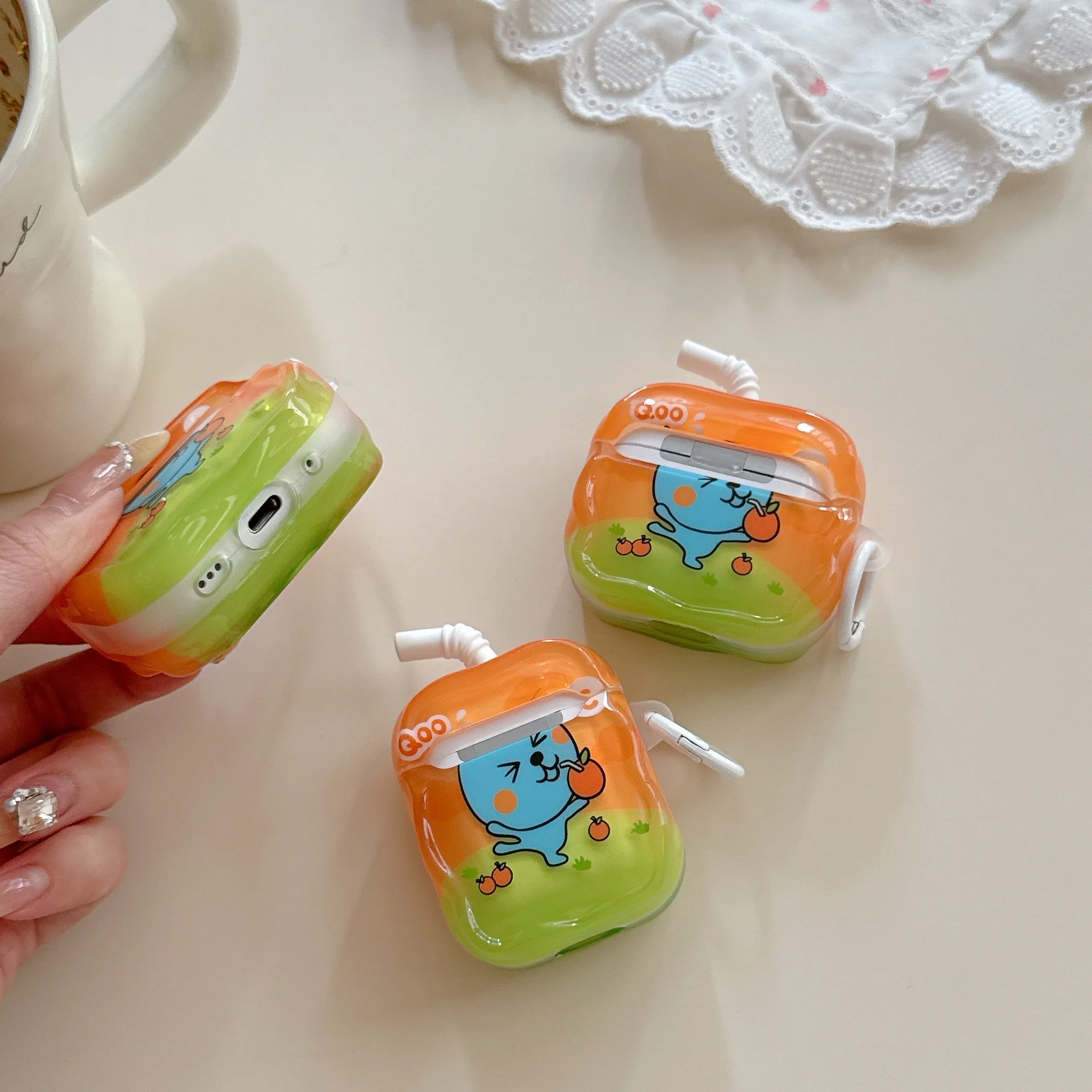 Adorable 3D Juice Box Cartoon AirPods Shockproof Protective Case with Anti-Lost Hook