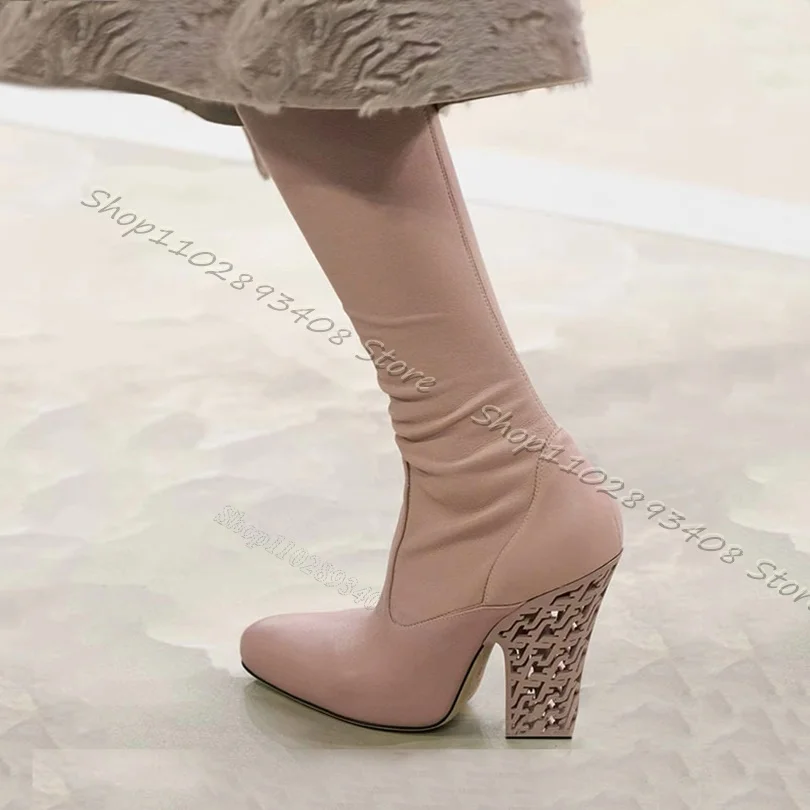 

Pink Hollow High Heels Boots Pointed Toe Side Zipper Sexy Women Shoes Spring New Fashion Women Catwalk Boots Zapatos Para Mujere