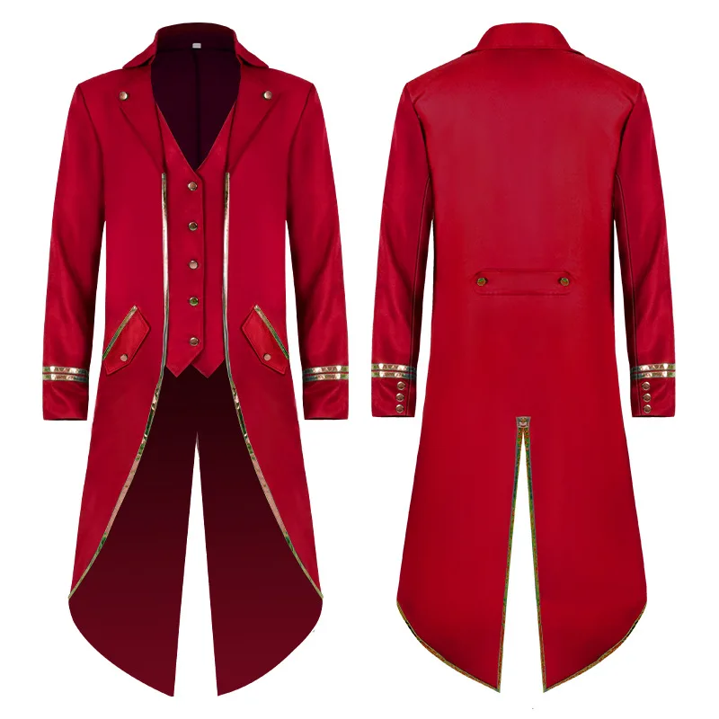 Medieval Style Men's Retro Mid-Length Punk Coat with Gold Trim Trench for Halloween Cosplay in Red Green Purple Trench Jacket