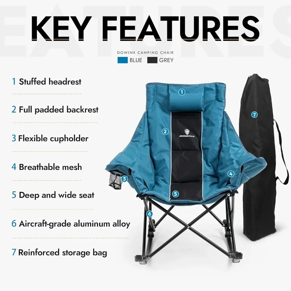 Oversized Rocking Camping Chair, Fully Padded Patio Chair with Side Pocket and Carry Bag, High Back Portable Lawn Recline 2