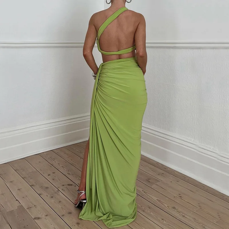 SKMY 2 Piece Sets Women Outfit 2023 Autumn New Sexy Open Back One Shoulder Crop Top Slim Fit Split Skirt Set Solid Color