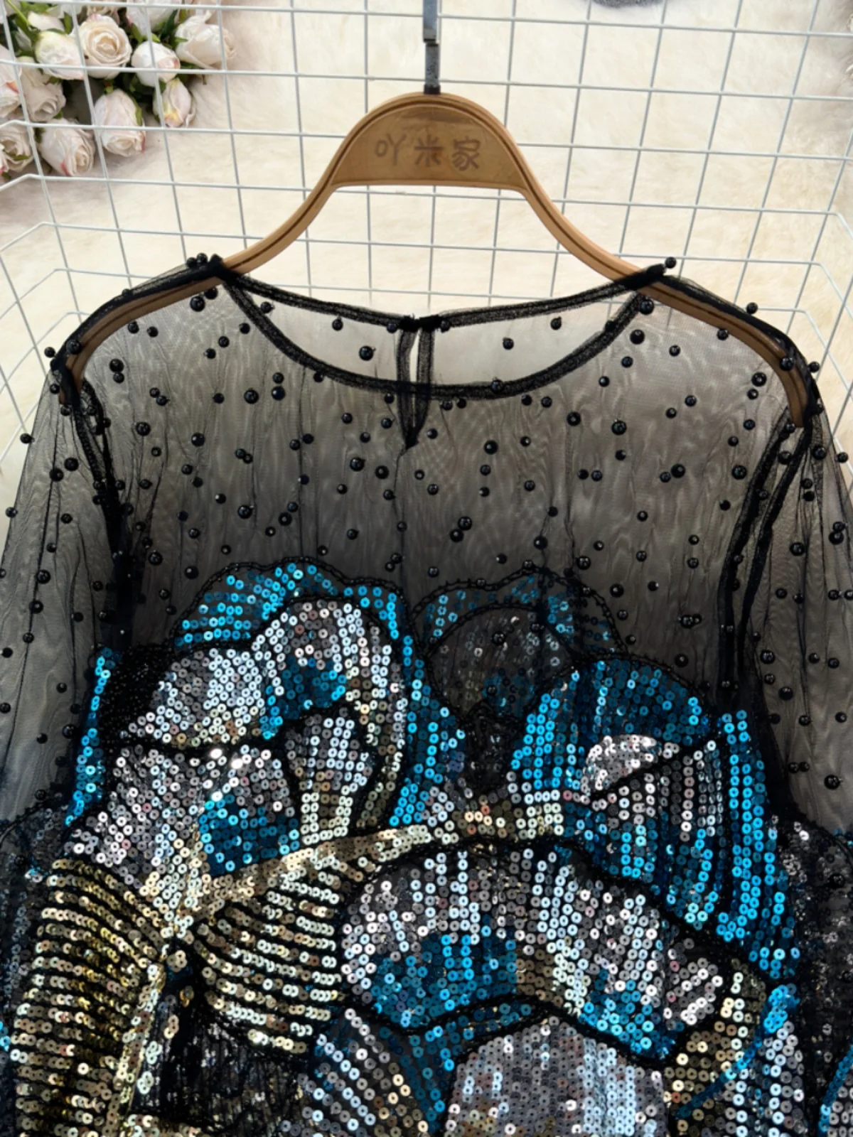 Heavy Industry Beads Sequin Gauze Stitching Chic Tops Spring Autumn New See-through Round Neck Long Sleeve Blouse Women
