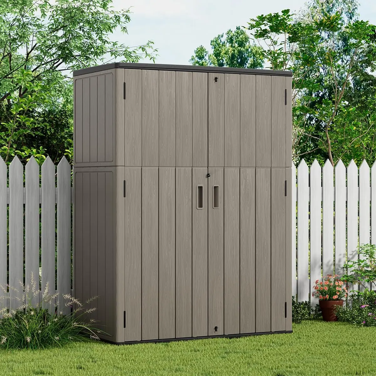 2025-hot57 Cu.ft Vertical Outdoor Storage Cabinet Waterproof, Outdoor Resin Tool Shed for Patio Furniture (Coffee Color)
