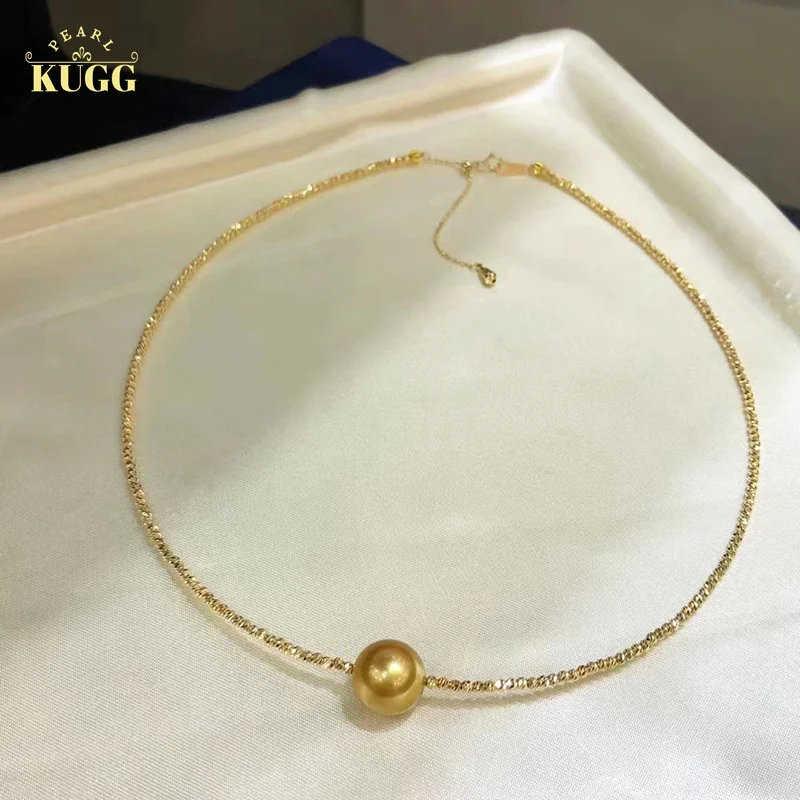 KUGG 18K Yellow Gold Necklace 11-12mm Real Natural South Sea Gold Pearl Luxury Shiny Style High Engagement Jewelry for Women