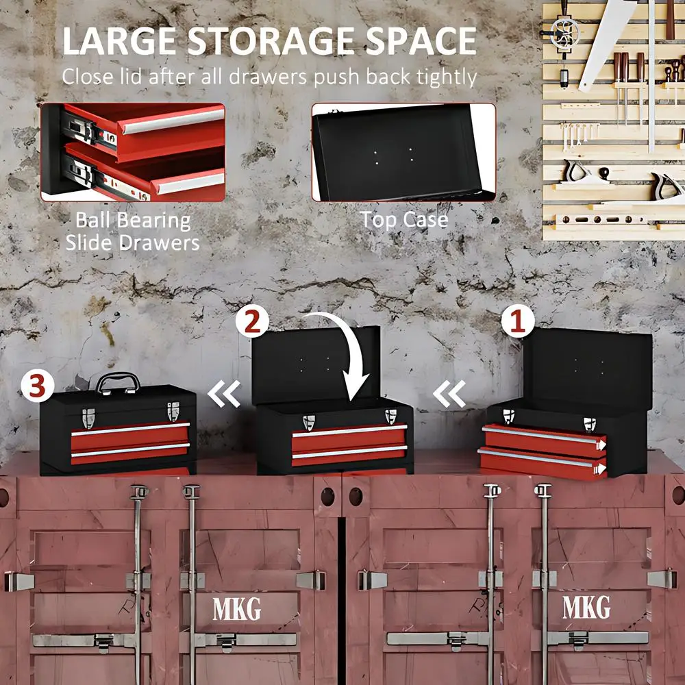 3 Layers Multifunctional Thickened Metal Tool Box Household Hardware Tools Box Lockable Tool Cabinet Portable Storage, Red+Black