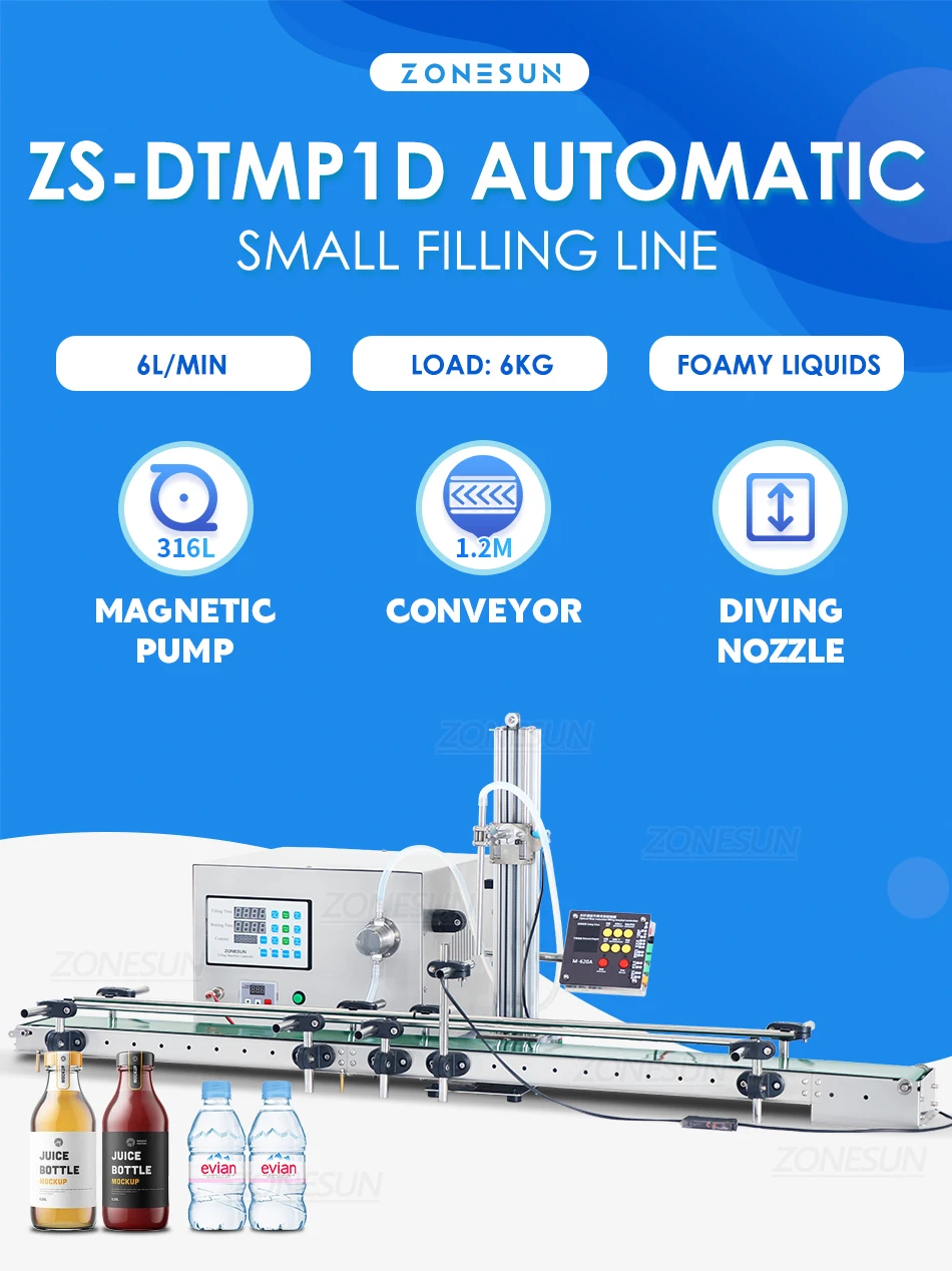 ZONESUN ZS-DTMP1D Single Diving Nozzle Magnetic Pump Liquid Filling Machine With Conveyor