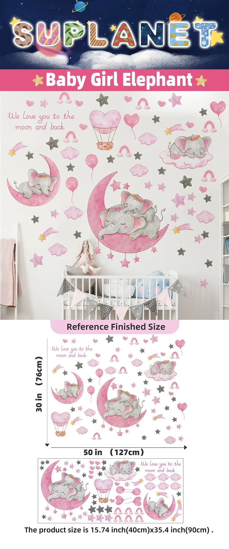 Suplanet Bear Baby Girl Wall Decals, Star Moon Clouds Wall Stickers, Big Dr Hot infant wall decor Hotsell