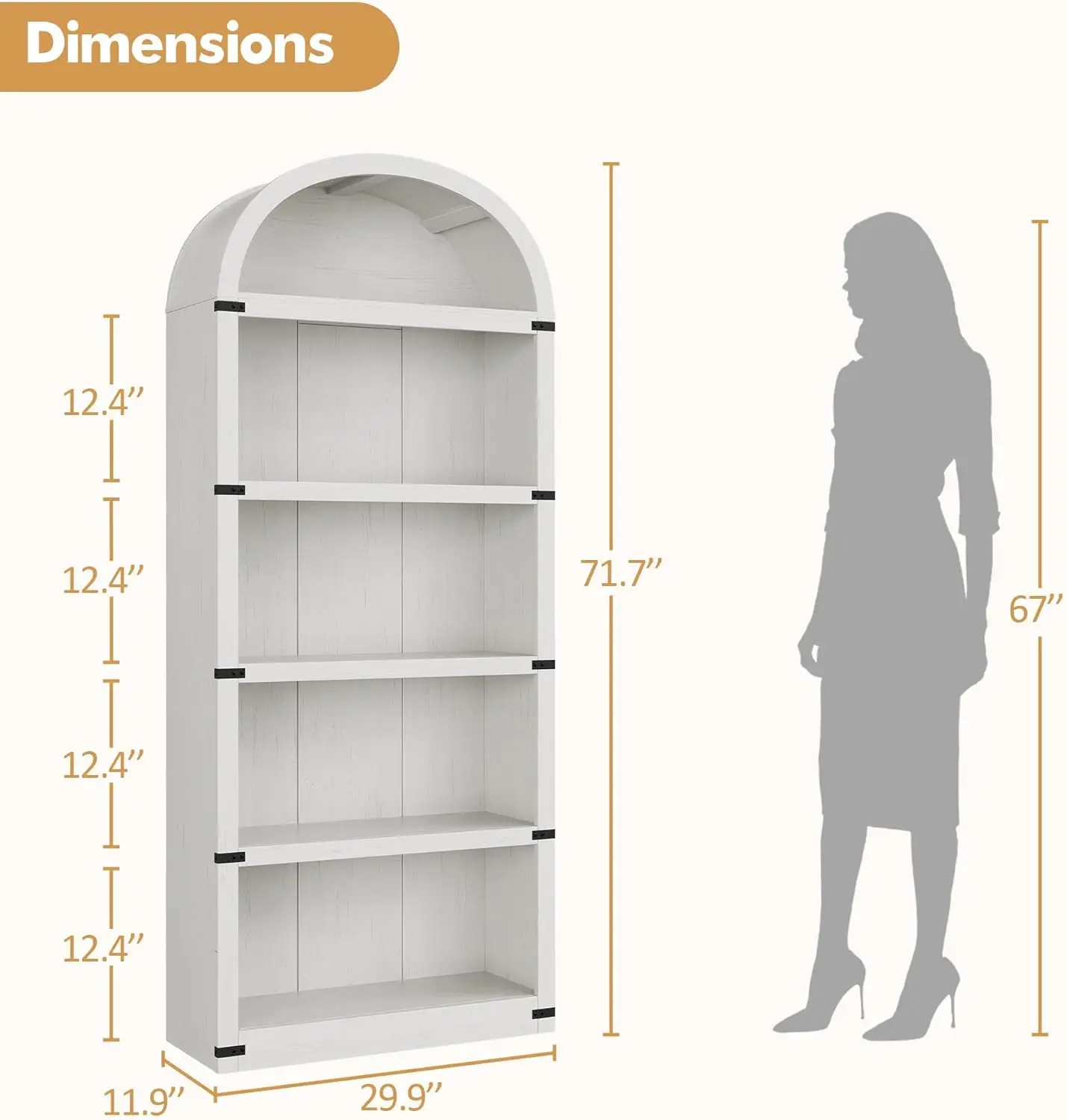 71" hohes gewölbtes Bücherregal, Bücherregal mit Stauraum, Mid-Century Modern 5-stöckiges Bücherregal mit Tür, für Wohnzimmer, Küche, Heimbüro – Detail 10