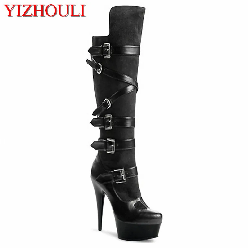

Stage sexy high heels, women's motorcycle boots, 15-17 cm stiletto boots, black knee-high dance shoes