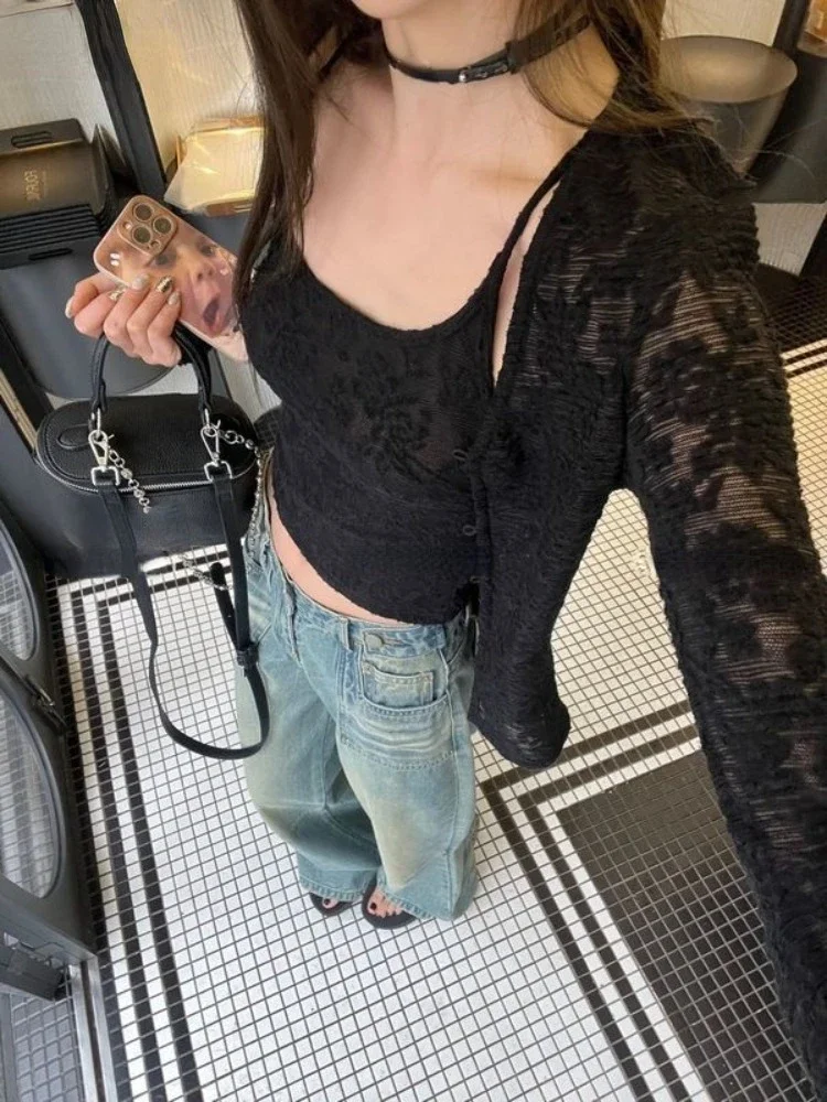 Y2k 에스테틱 레이스 자카드 여성용 가디건 + 블랙 탱크탑 하라주쿠 빈티지 2세트 일본식 그런지 패션 풀 펨므 무헤르 - AliExpress