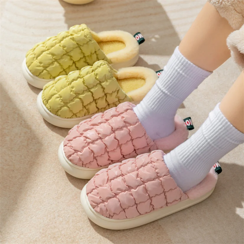 Womens House Slipper Female Puff Winter Warm Plush Cotton Indoor Fuzzy Non Slip Room Home Floor Shoes Casual Waterproof White