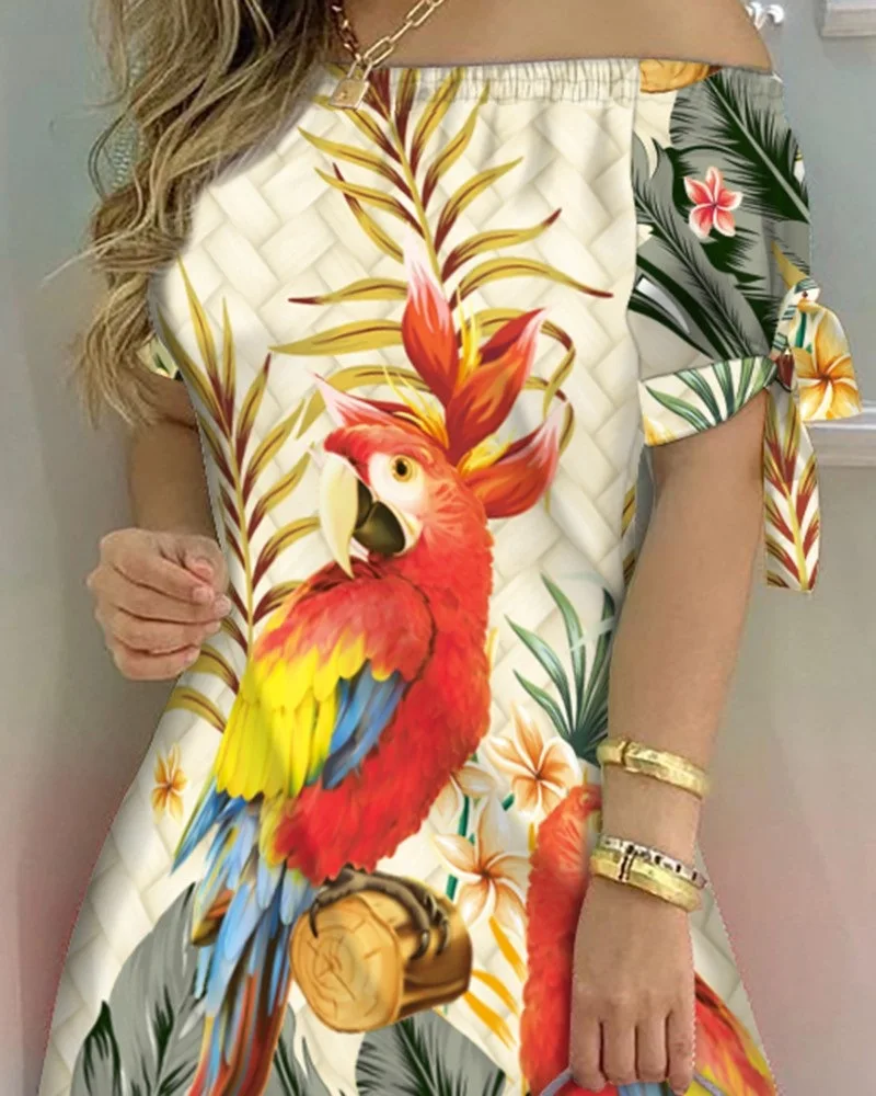 Vestido Estampado Sexy A La Moda Para Mujer, Vestido Acampanado De Manga Corta Con Hombros Descubiertos, Minivestidos Con Hombros Descubiertos Para Mujer - details 15