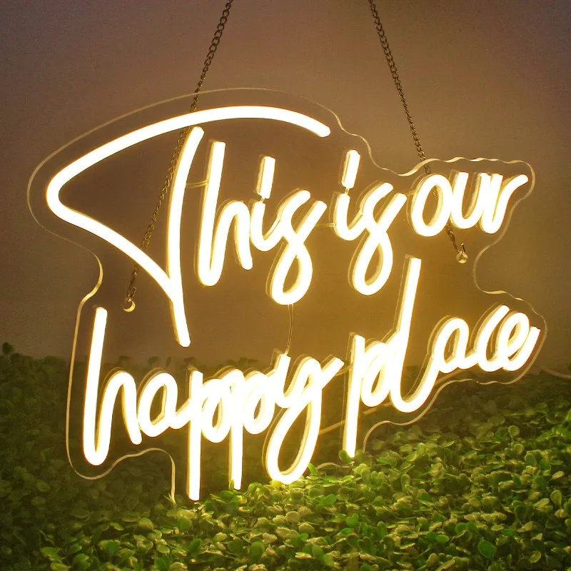 

This is Our Happy Happy Place Neon Signs Wall Decor Dimmable Warm White LED Signs Bedroom Kid Room Man Cave Home Bar