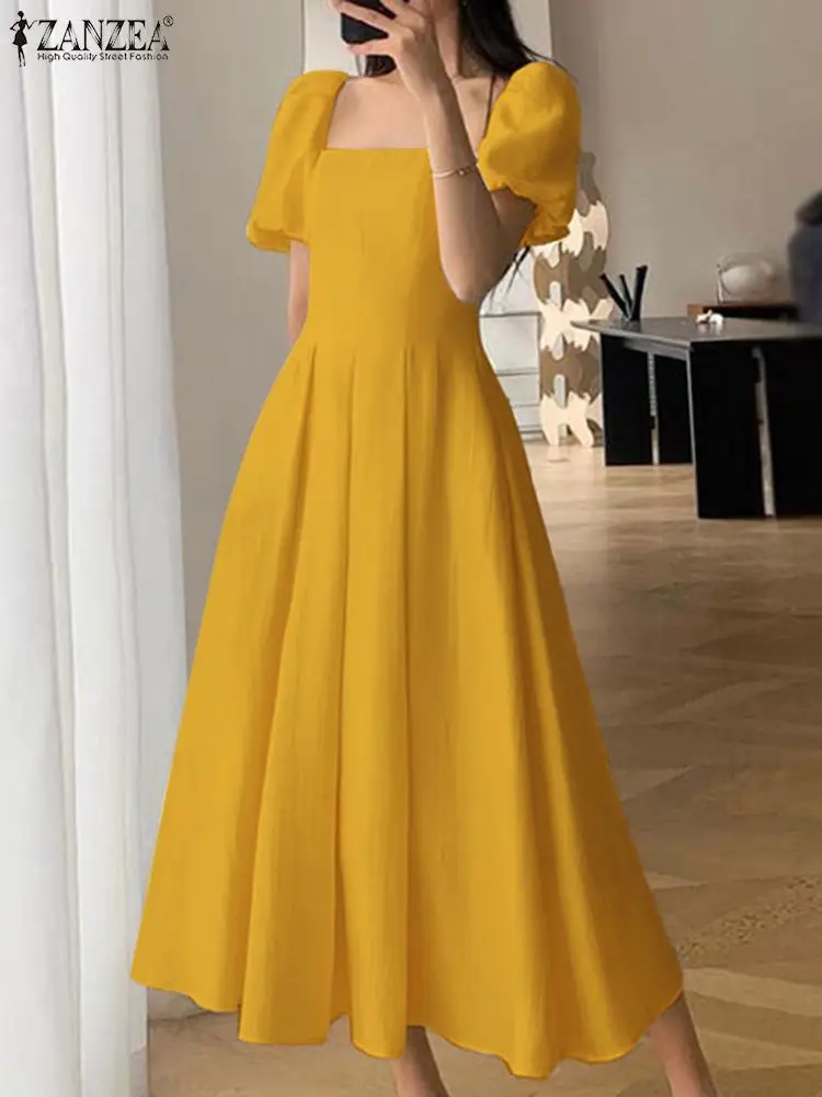 

Fashion Puff Short Sleeve Sundress ZANZEA Korean Elegant Long Dress 2024 Summer Swing Robe Holiday Square Collar Waisted Dresses