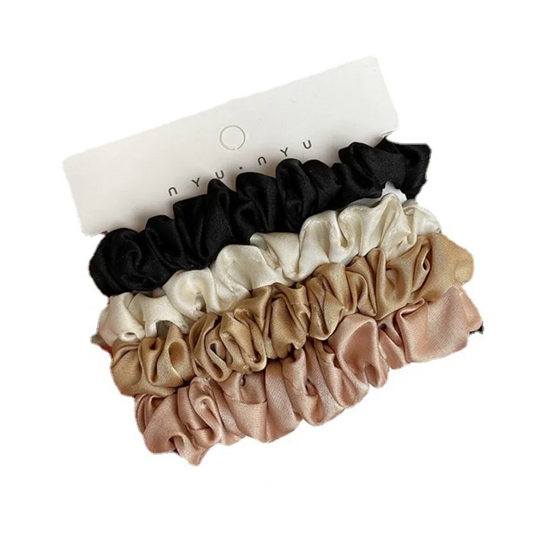 4pcs Hair Accessory Real Silk Skinnies Small Scrunchie Set Hair Bow Ties Ropes Bands Skinny Scrunchy Elastics Ponytail Holders Women Girls