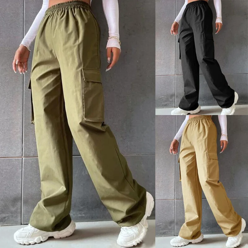 Young Girls Casul Pants Straight Wide Leg Trousers Female Loose Oversize Pockets Y2k Hip Hop Solid Color Pants 3XL