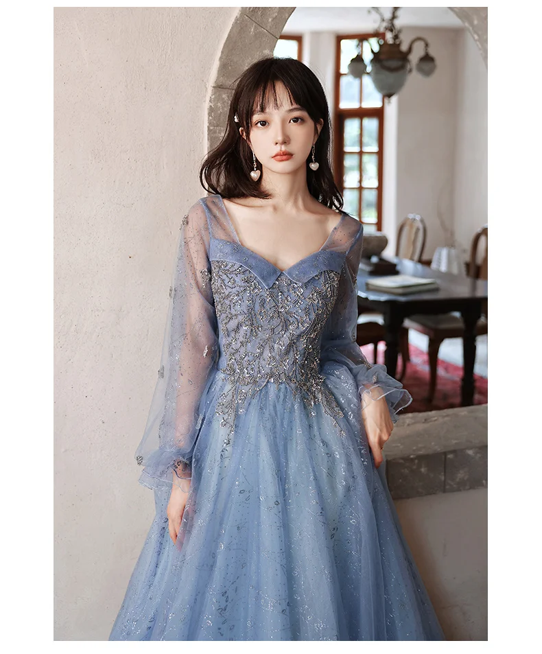 Long Sleeve Blue Evening Dresses For Wedding Party Luxury Appliques A-Line Floor-Length Fancy Tulle Women Formal Gowns gold evening gowns