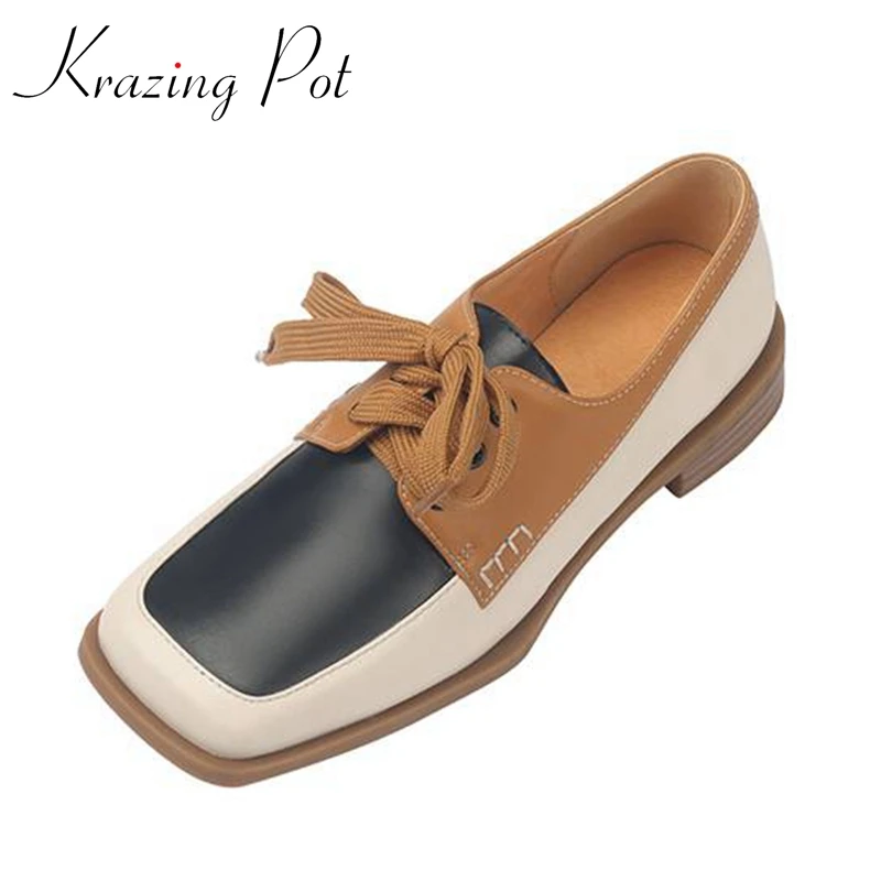 

Krazing Pot New Cow Split Leather Square Toe Low Heels Modern Shoes Mixed Colors Office Lady Leisure Lace-up Mature Women Pumps