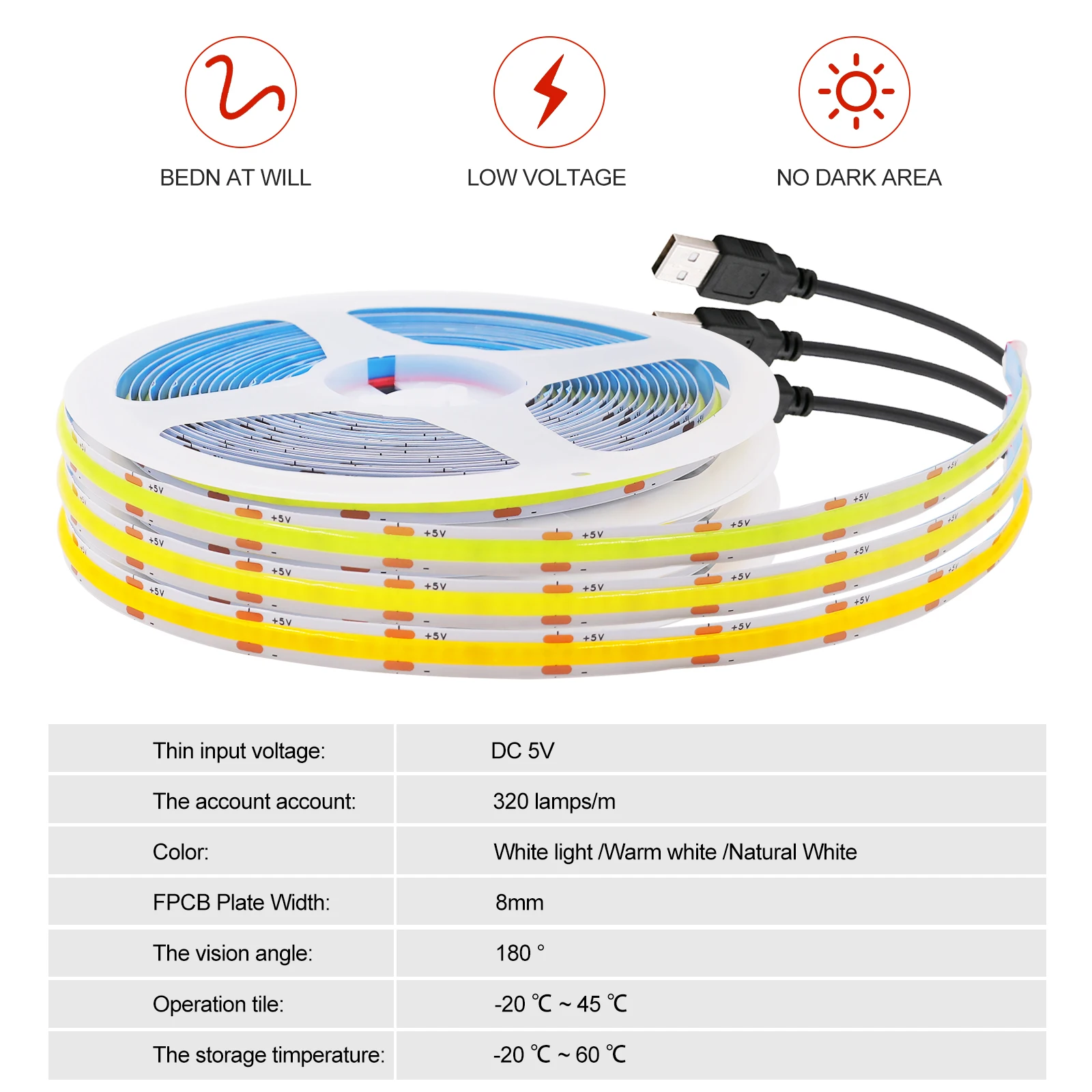 USB 5V COB LED-Streifenlicht, superhell, 320 LEDs/m, hohe Dichte, lineare Beleuchtung, flexibles Band, warm/natürlich/weiß, 1 m, 2 m, 3 m, 4 m, 5 m – Detail 7