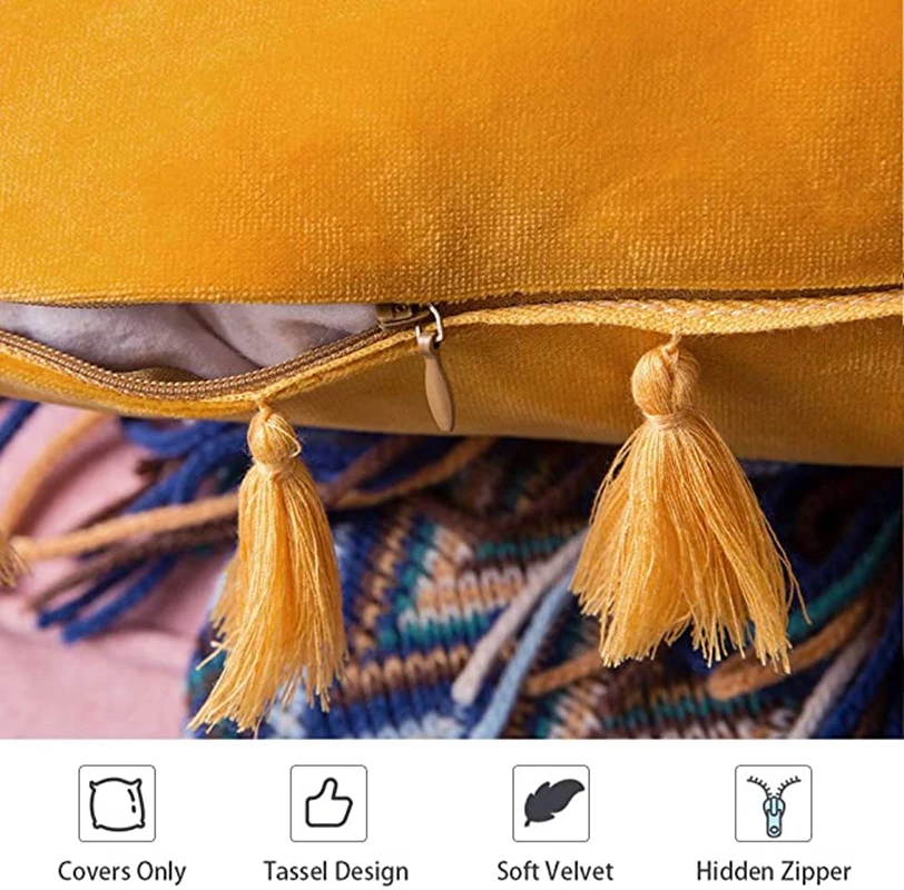 Velvet Soft Solid Decorative Throw Pillow Cover with Tassels Boho Accent Luxury Gift Cushion Case for Couch Bedroom Car Yellow 3