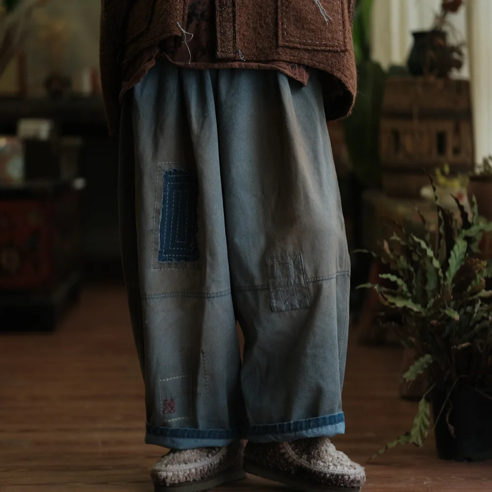 Johnature Women Vintage Patchwork Denim Wide Leg Pants Elastic Waist Loose Spring Trousers 2025 New Casual Long Pants