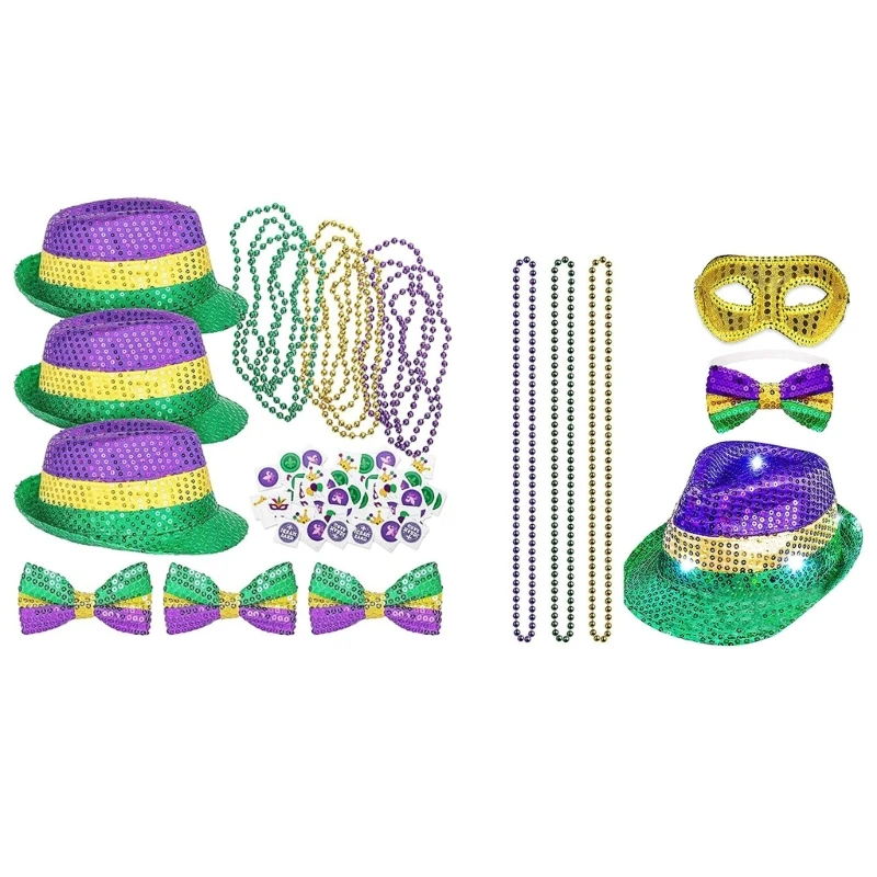 

Mardi Gras Costume Set with Fedora Hat Mask Bowtie Festival Decor Accessories