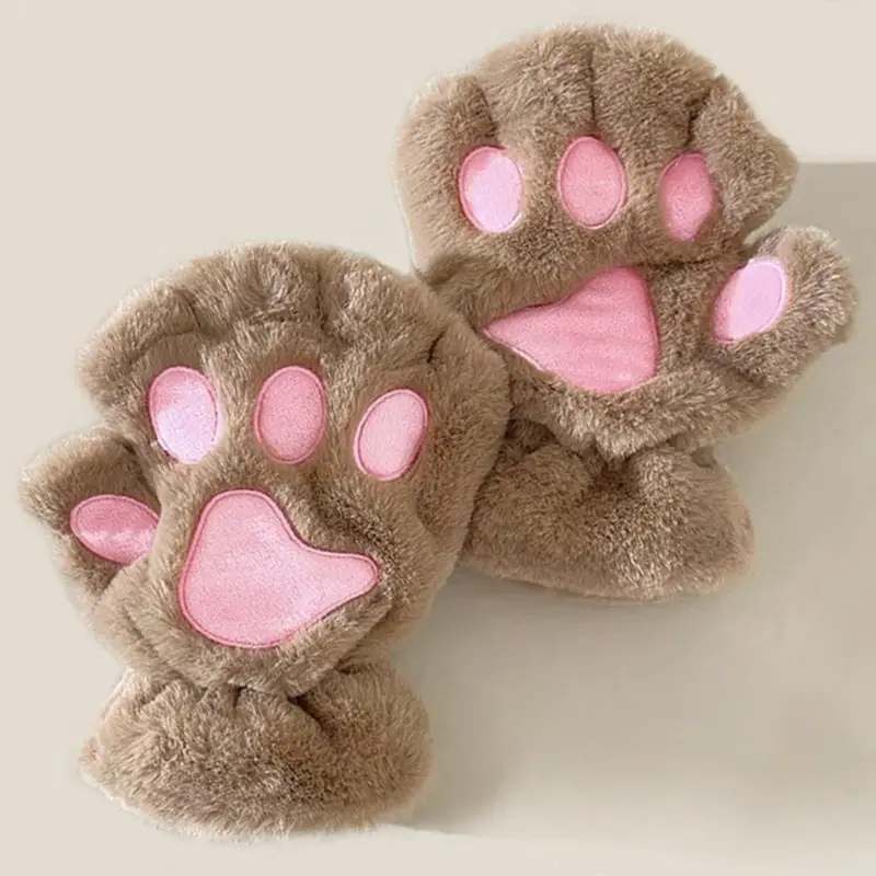 귀여운 여성 고양이 장갑, 패션 소녀 고양이 발톱 봉제 장갑, 따뜻하고 부드러운 봉제 짧은 손가락없는 반 손가락 겨울 장갑