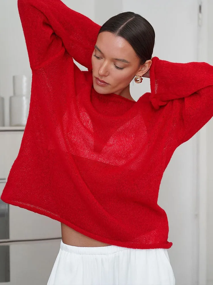 Knitted Round Neck Hollow Pullover Top Women's Summer Fashion Casual Loose Pullover Long Sleeve Streetwear Top Pullover 27 Knitted Round Neck Hollow Pullover Top Women's Summer Fashion Casual Loose Pullover Long Sleeve Streetwear Top Pullover