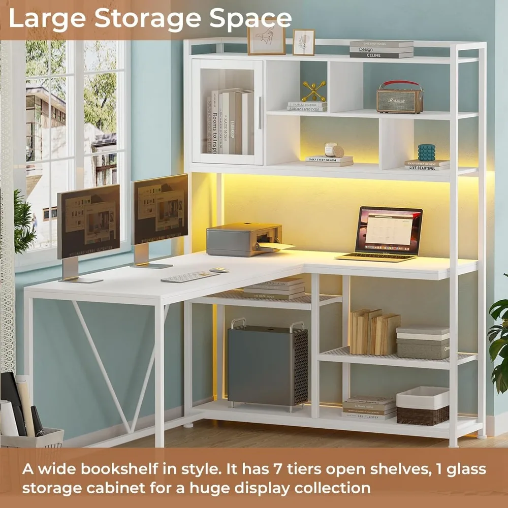 Electric Computer Desk L Shaped Computer Desk 58'' Office Desk with LED Light and Bookshelf Storage Shelves for Home Office