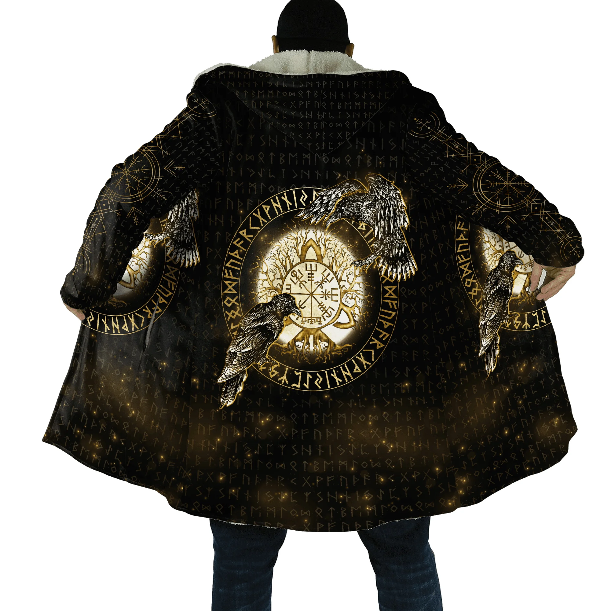 

Winter Men's Fashion Hooded Cloak Dragon and Odin Crow R Tattoo 3D Printed Wool Hooded Cloak Unisex Casual Thick Warm Cloak Coat