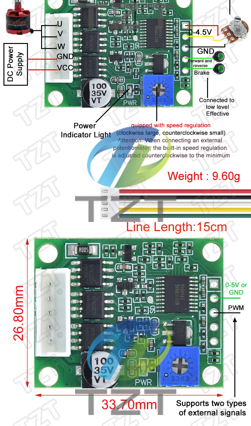 GREATZT DC 6-20V 60W 12V Bürstenloser Motor-Treiberplatine BLDC Drehzahlregler 3-Phasen-Regler Hallloser Schaltmodul mit Kabel – Detail 3