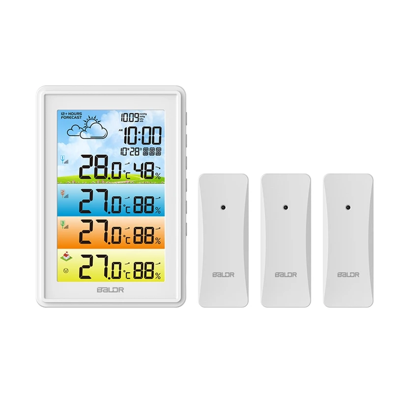 

Wireless Weather Station Digital Temperature Humidity Meter Colorful Barometer Forecast Moon Phase Alarm Clock 3 Sensors