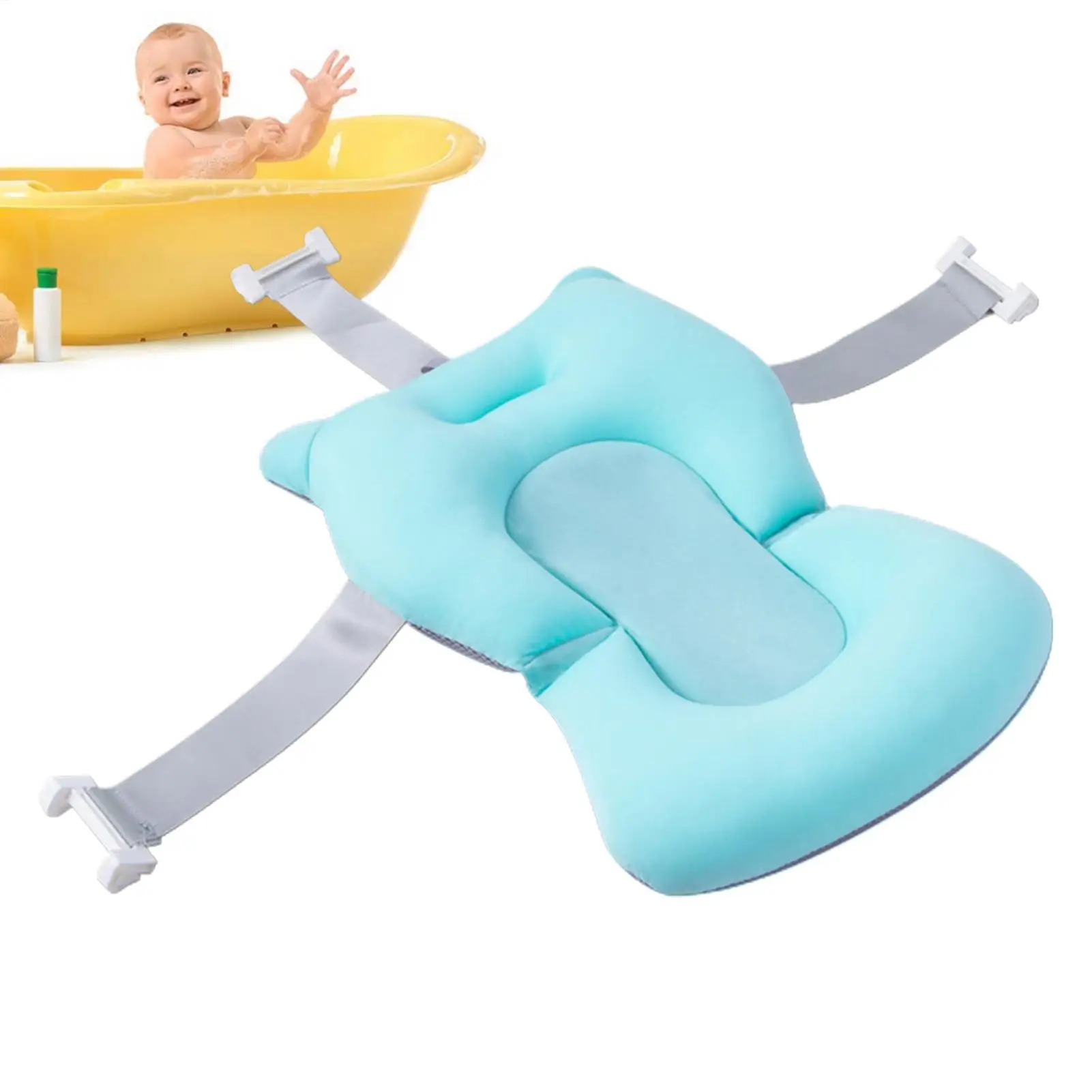 Newborn bath cushion with adjustable buckles and three safety straps for secure bathing.