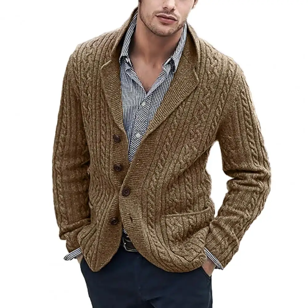 

Men Autumn Winter Sweater Coat Lapel Long Sleeve Pockets Twist Pockets Single Breasted Knitting Cardigan свитер мужской