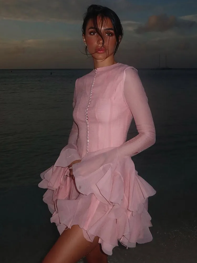Luxury O Neck Pink Ruffle Button Female Vestidos Fashion Long Sleeve High Waist Prom Dresses Spring New Lady Short Evening Dress 3