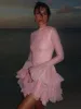 Luxury O Neck Pink Ruffle Button Female Vestidos Fashion Long Sleeve High Waist Prom Dresses Spring New Lady Short Evening Dress 3