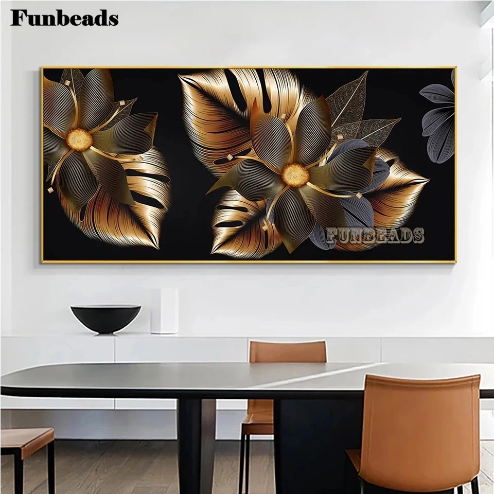 Black Gold Flowers Nordic Modern leaves Diy Diamond Painting Abstract leaf full drill 5D Diamond Embroidery Cross Stitch FF7124 