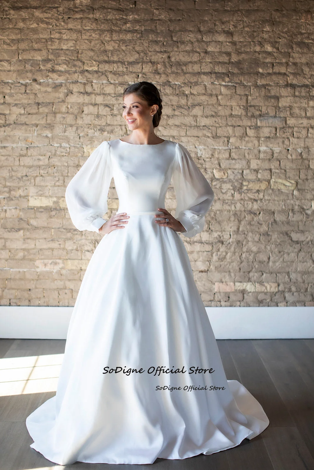 SoDigne Satin A-line Wedding Dresses Full Sleeves O-neck Bridal Dress Elegant Long Bridal Gown vestidos de novia Customized 13 Se46b2f93e3c54b3584f10e15166ec5b3n